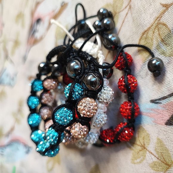 4 Adjustable White & Black Corded Rhinestone Hematite Slide Beaded Bracelets NEW - Picture 7 of 9